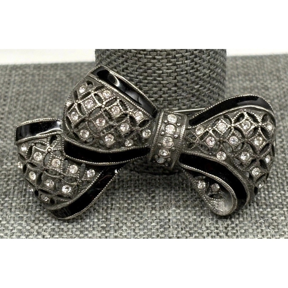 Anne Klein Vintage Silver Tone Black Enamel Rhinestone Bow Brooch Pin